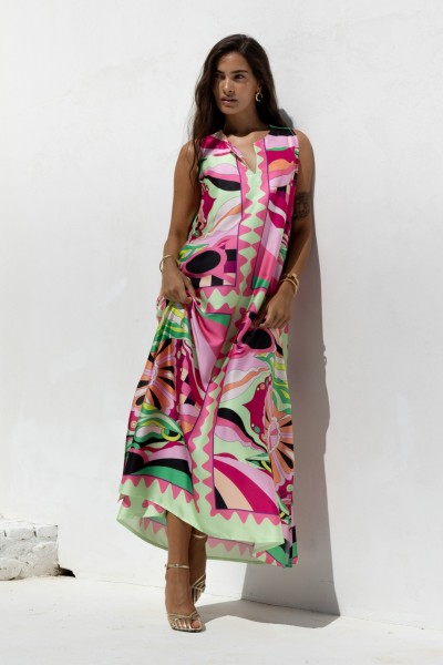 Maxi Kaftan with Print Utopia Pink by Nema Resortwea