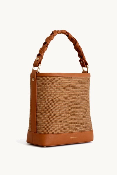 Bucket in Raffia- Tabac Leather Bag by Bonendis